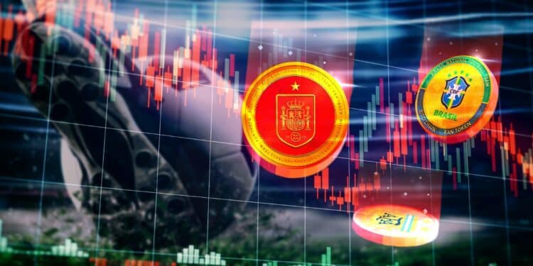tokens de las selecciones de futbol de España, Argentina y Brasil sobre gráfico de precio en caida con jugador de futbol pateando balon en el fondo