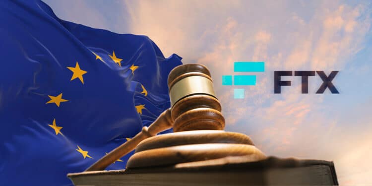 Bandera de la Unión Europea con maso de juez y logo de FTX