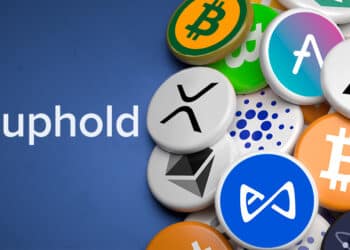 Logo de uphold junto a criptomonedas.