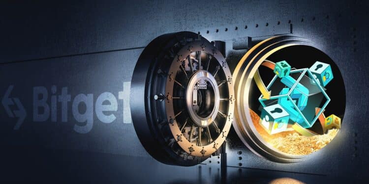 Bóveda de acero con la puerta abierta llena de monedas y el logo de Bitget detrás.