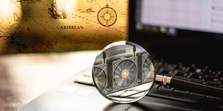 Lupa con mineros y computadora, mapa del caribe de fondo