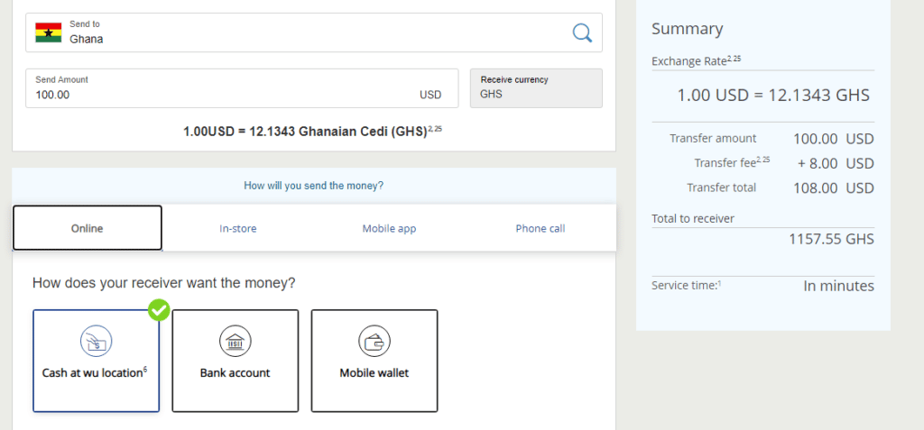 Pantalla de envío de dinero hacia Ghana