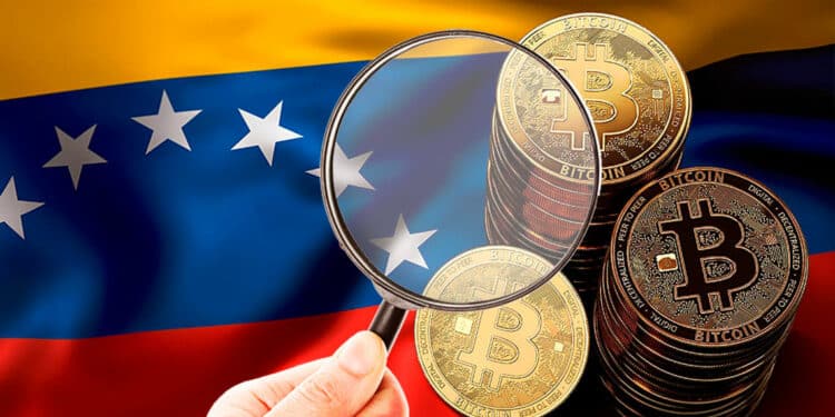 Bandera de Venezuela con lupa y BTC