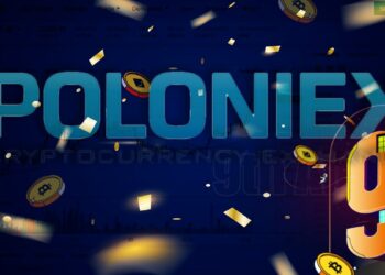 logo de poloniex sobre fondo de celebracion señalando su noveno aniversario