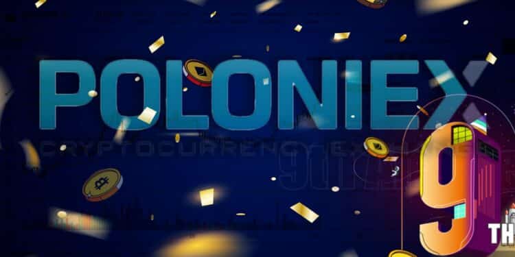 logo de poloniex sobre fondo de celebracion señalando su noveno aniversario