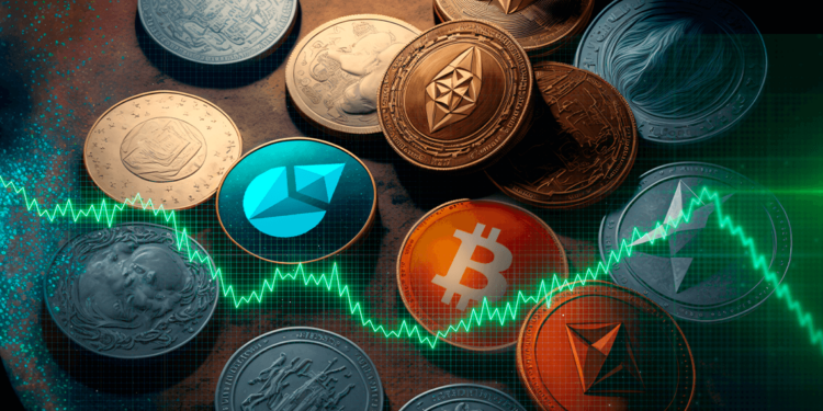 Altcoins rodeadas de un mercado verde.
