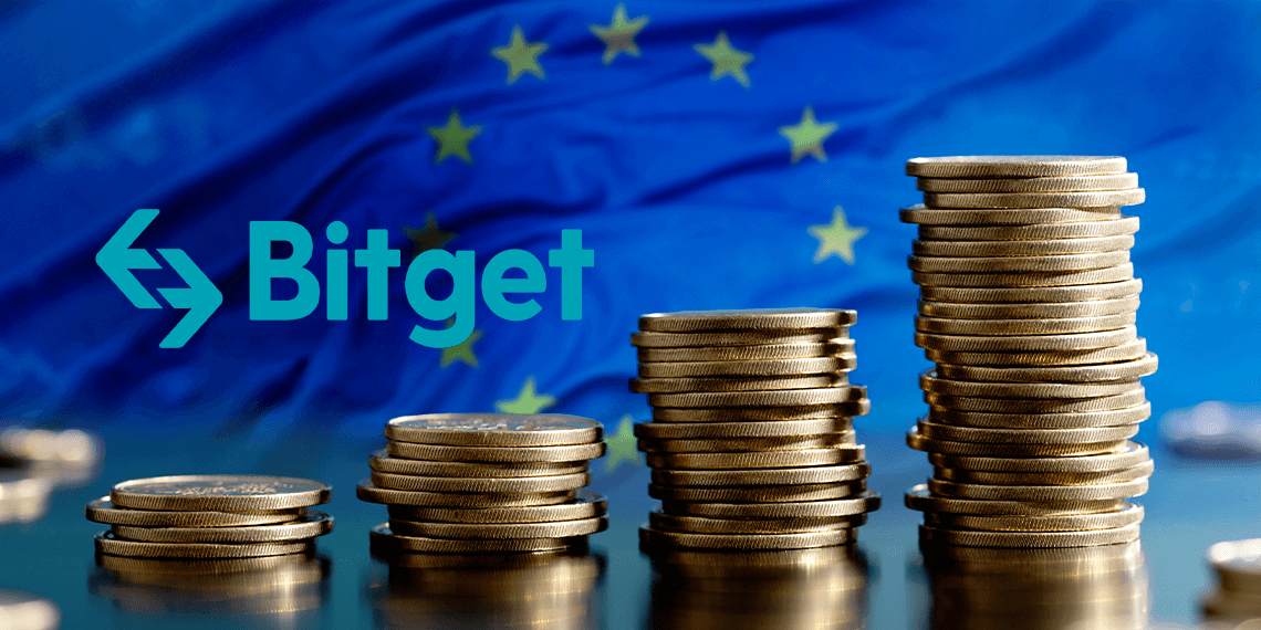 Pilas de monedas frente a la bandera de la Unión Europea y el logo de Bitget.