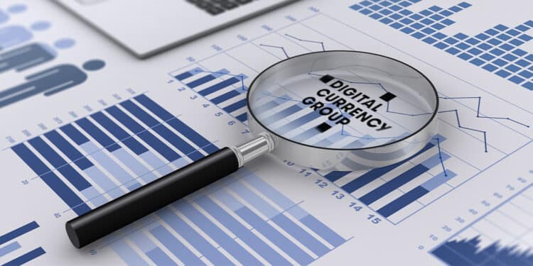 logo de Digital currency group con lupa y graficos
