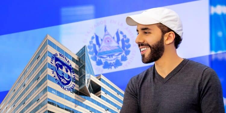 Nayib Bukele observando edificio del Fondo Monetario Internacional con bandera de El Salvador en el fondo