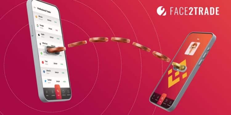 Monedas salen de la pantalla de un teléfono celular a otro y logo de Face2Trade.