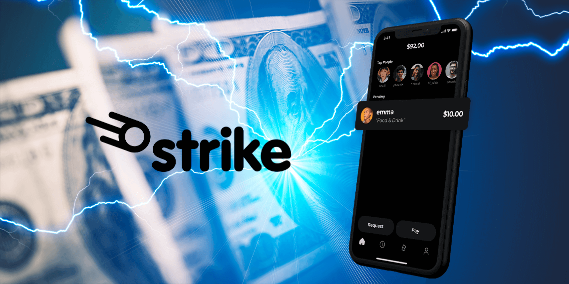 Logo y plataforma de Strike con lightning de fondo.