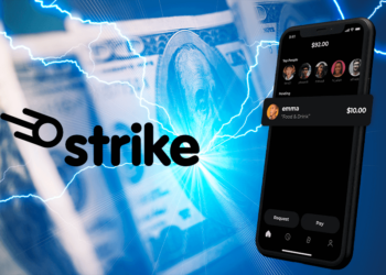 Logo y plataforma de Strike con lightning de fondo.