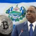 Macky Sall junto a bitcoin y bandera de El Salvador.