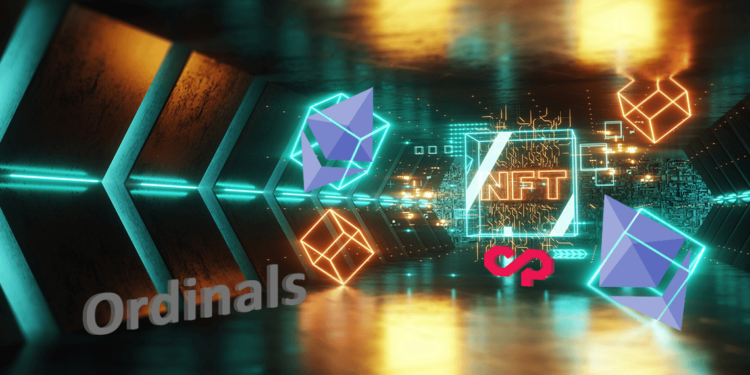 Logo de Ordinals, counterparty y ethereum junto a NFT.