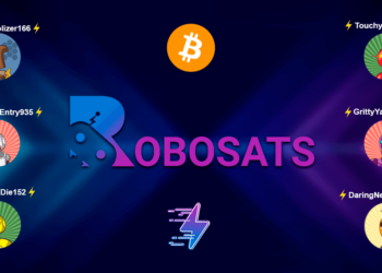 Logo del exchange RoboSats junto a robots.