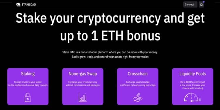 Pancarta promocional del servicio de staking de Stake DAO.