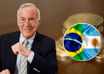 Steve Hanke junto a moneda sur de Argentina y Brasil.