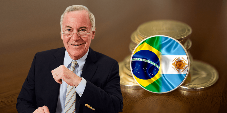 Steve Hanke junto a moneda sur de Argentina y Brasil.