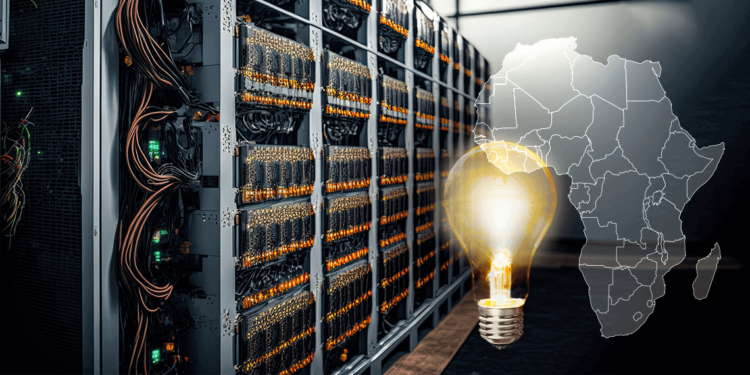 Mineros de bitcoin junto a mapa de África y una lamparita simbolizando la energía eléctrica.