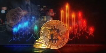 moneda de bitcoin sobre superficie con graficos de mercado en el fondo en azul y rojo con analista de mercado superpuesto