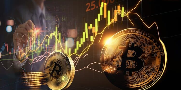 monedas de bitcoin con gráfico de precio marcando límite en 25.000 con analista de mercado e n el fondo