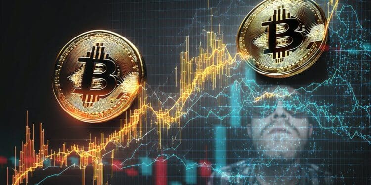 monedas de bitcoin sobre graficos de precio en alza con analista observando los graficos desde el fondo