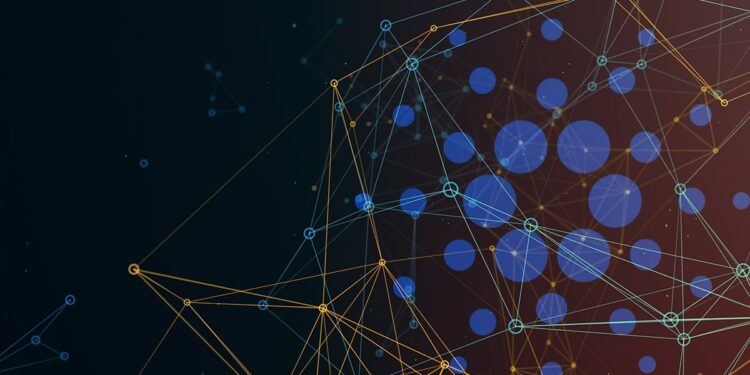 Logo de Cardano entre red de nodos interconectados
