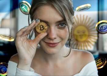 mujer sosteniendo moneda de bitcoin frente a su cara con monedas de stablecoins y bandera de argentina en el fondo