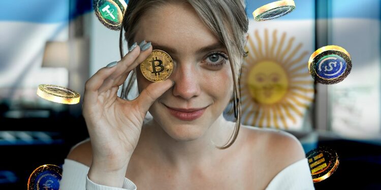 mujer sosteniendo moneda de bitcoin frente a su cara con monedas de stablecoins y bandera de argentina en el fondo