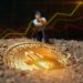 hombres extrayendo con picos y palas moneda de bitcoin de la tierra con grafico en aumento en el fondo