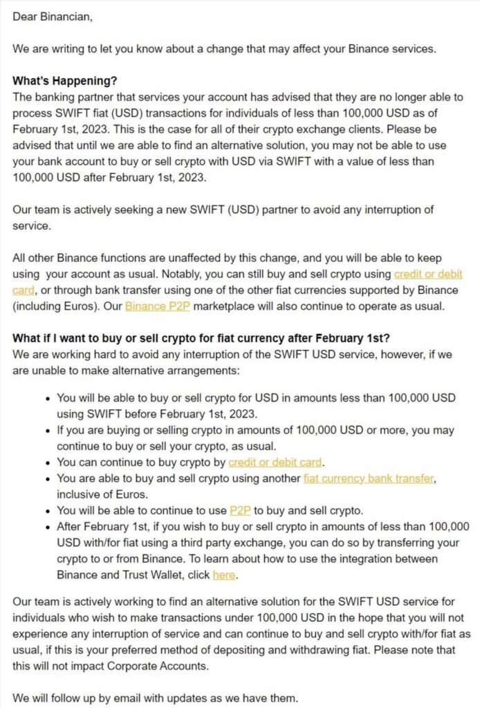 el excahnge de criptomonedas, Binance, compartió un comunicado avisando el cese de la colaborción con Signature Bank, lo que impide las transacciones via SWIFT en dólares menores a USD 100.000