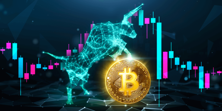 Toro junto a bitcoin y gráfico de mercado.
