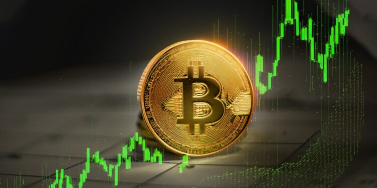 moneda de bitcoin sobre calendario con grafico alcista en verde superpuesto