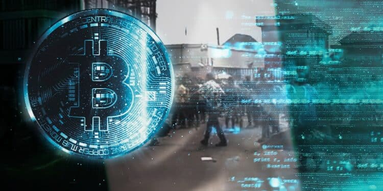 moneda digital de bitcoin sobre red digital con bandera de Nigeria pintada mostrando protestas en el fondo