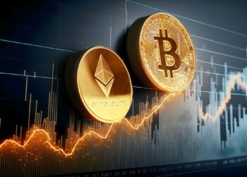 monedas dde bitcoin y ethereum sobre grafico alcista de precio en pantalla