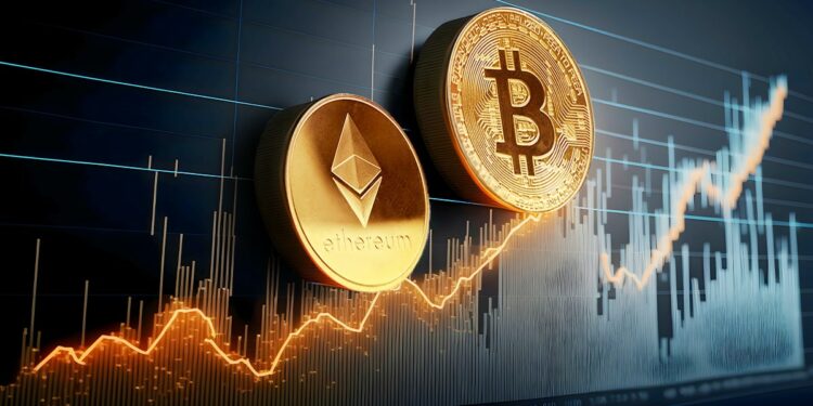 monedas dde bitcoin y ethereum sobre grafico alcista de precio en pantalla