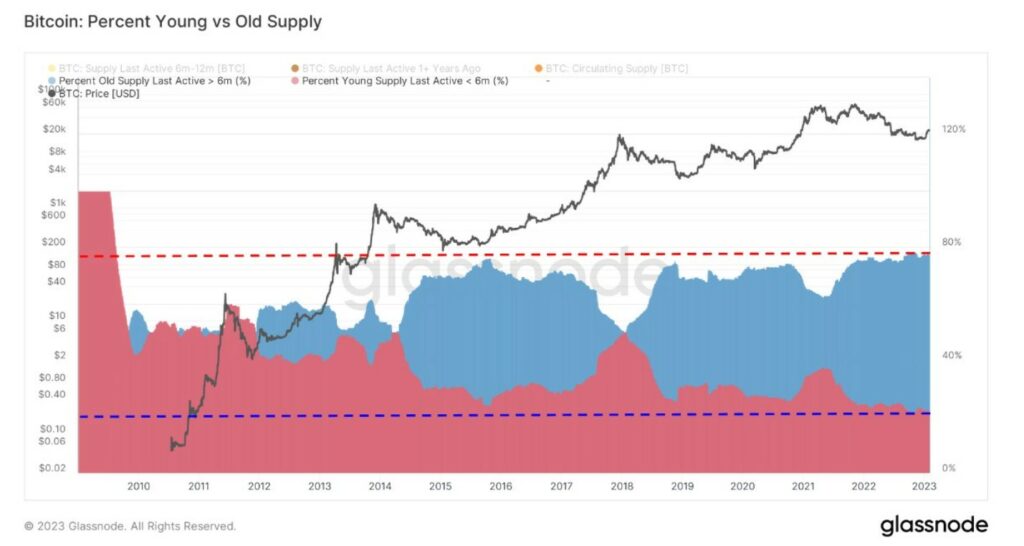 grafico compara porcentaje de holders de bitcoin actuales y antiguos