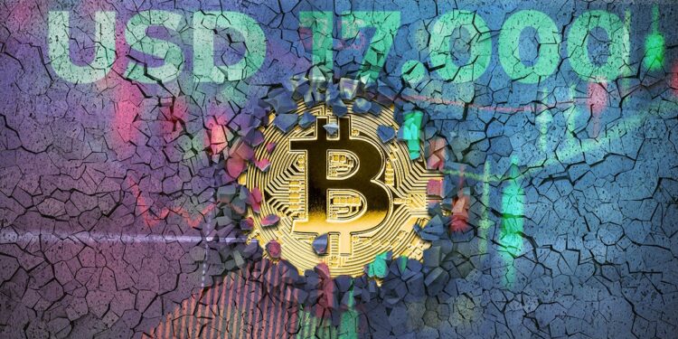 moneda de bitcoin rompiendo pared con gráfico de precio marcando usd 17.000