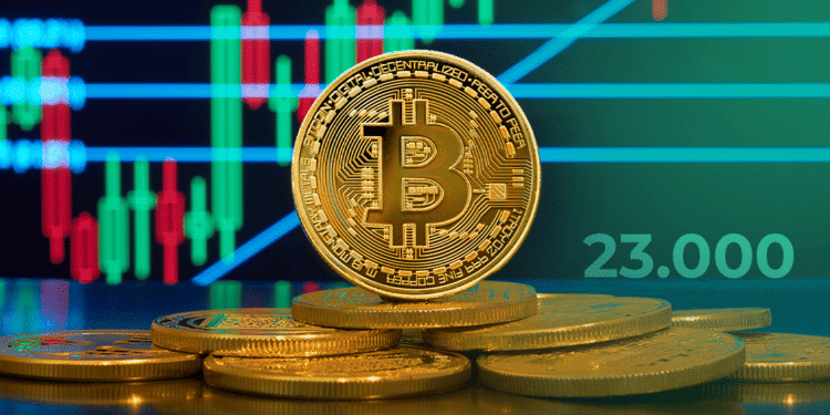 Bitcoin en el mercado bajista junto al numero 23.000 que hace referencia a su precio.