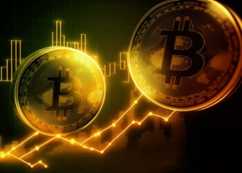 monedas de bitcoin brillantes sobre gráfico de lineas ascendente y grafico de barras en el fondo