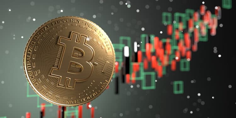 moneda de bitcoin con grafico de velas en el fondo