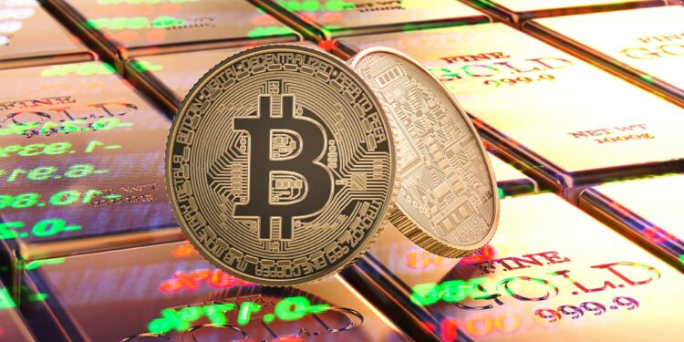 Moneda de bitcoin sobre lingotes de oro con indicadores de mercado proyectados
