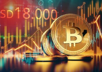 moneda de bitcoin con gráficos alcistas de precio en el fondo, y precio de USD 18.000 marcado
