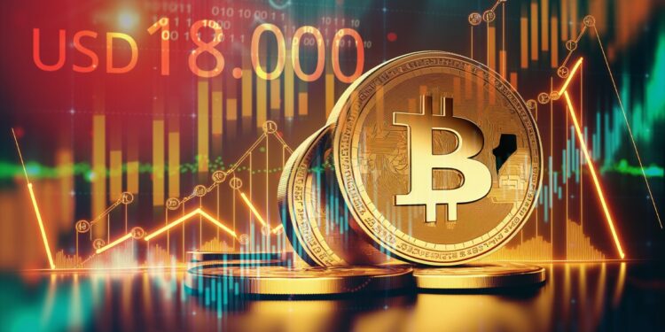 moneda de bitcoin con gráficos alcistas de precio en el fondo, y precio de USD 18.000 marcado