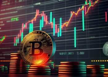 moneda de bitcoin sonbre torres de monedas apiladas con grafico de precio alcista en el fondo