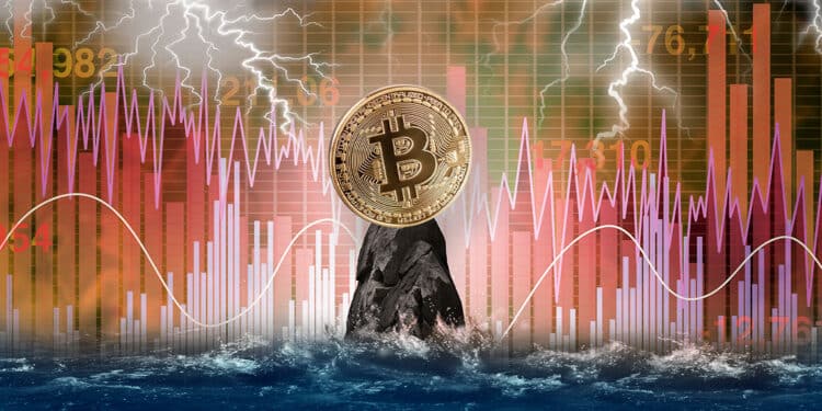 Bitcoin sobre un risco en el mar y graficos rojos