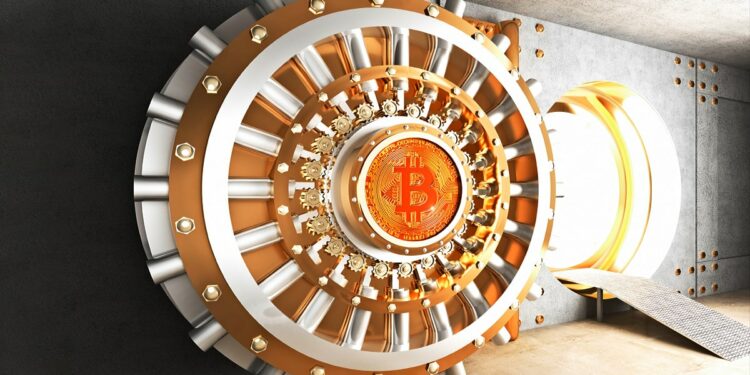 boveda con moneda de bitcoin incrustada en la puerta