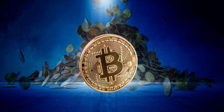 Bitcoin con monedas cayendo detrás.