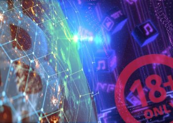 señal de aviso de minimo de edad sobre cubos de información de NFT en red junto a nodo de Bitcoin