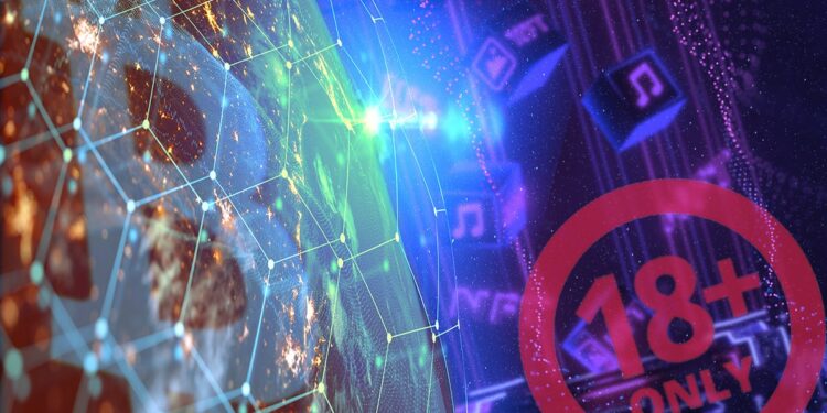 señal de aviso de minimo de edad sobre cubos de información de NFT en red junto a nodo de Bitcoin